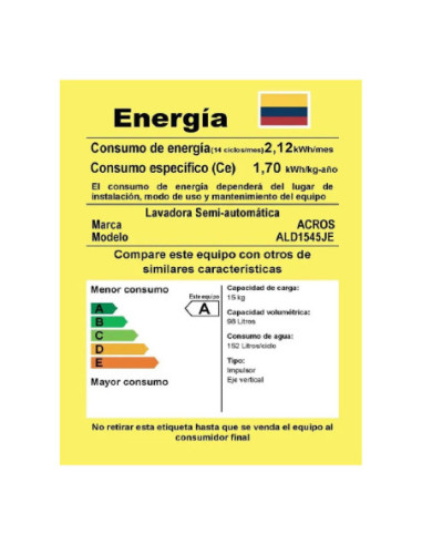 Lavadora Semiautomática Acros 15Kg Doble Tina Blanca ALD1545JE 3