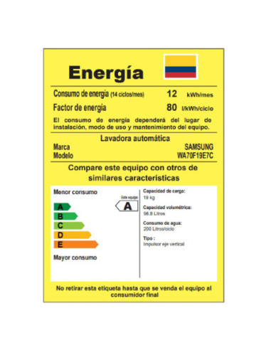 Lavadora Samsung 19 Kg Carga Superior Ecobubble WA70F19E7CCO 12
