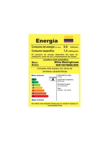 Lavadora Semiautomática Westinghouse 7Kg Blanca WWTB07M6MUWW 5