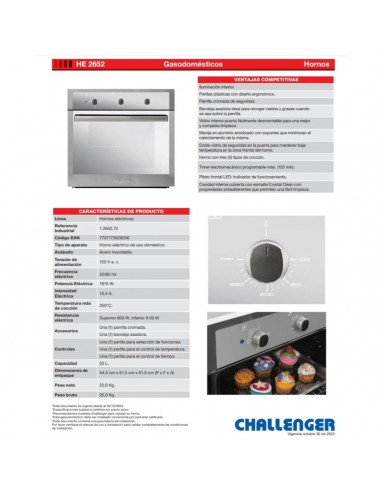 Horno Empotrable Challenger 52 Litros...