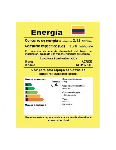 Lavadora Semiautomática Acros 15Kg...