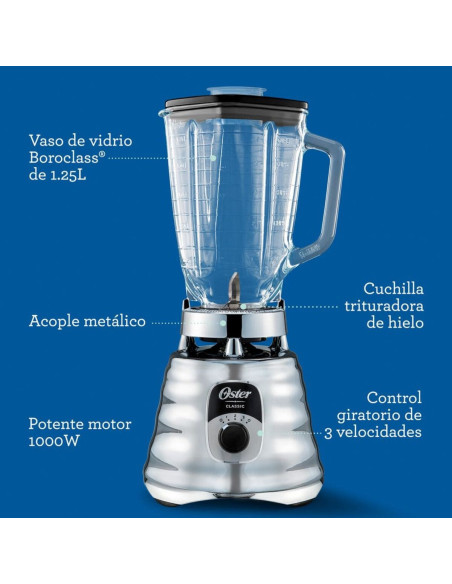 Licuadora Clásica Oster 1.25 Litros Control de Perilla 3 Velocidades Cromada BLST4655