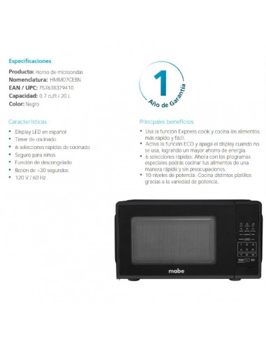 Horno Microondas Mabe 0,7 pies Negro...