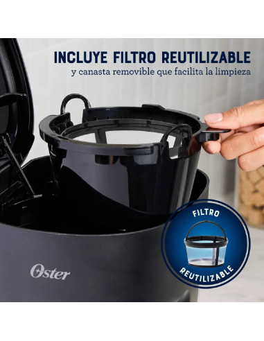 Cafetera Oster 12 tazas Filtro Reutilizable Negra BVSTDCS121B - 2217256