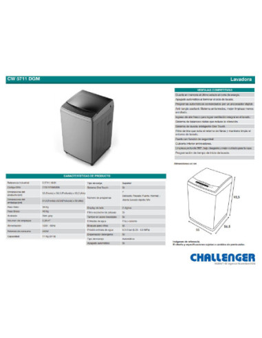 Lavadora Challenger 11 Kg Carga Superior Gris CW 5711 DMG 11