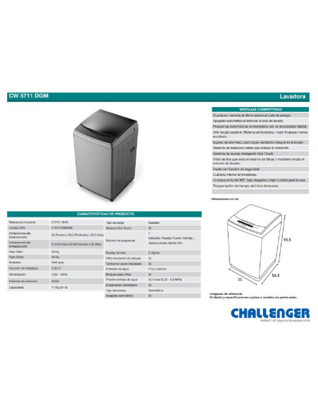 Lavadora Challenger 11 Kg Carga Superior Gris CW 5711 DMG 11