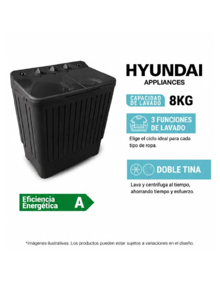 Lavadora Semiautomática Hyundai 8 Kg Carga Superior Eficiente HYSA8K