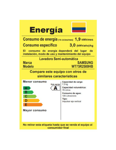 Lavadora Semiautomática Samsung 7.5 Kg con Bandeja de Prelavado WT75R2500HB/CO
