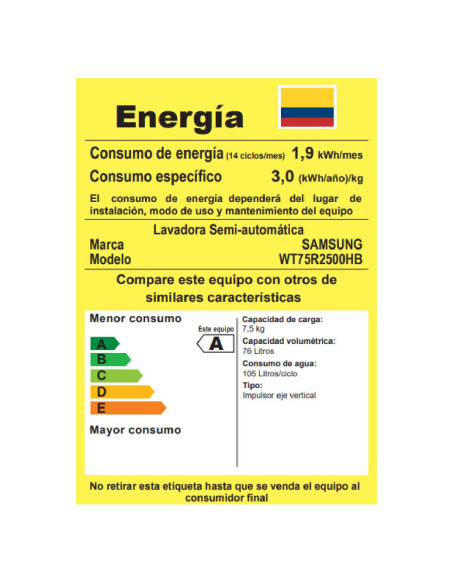 Lavadora Semiautomática Samsung 7.5 Kg con Bandeja de Prelavado WT75R2500HB/CO