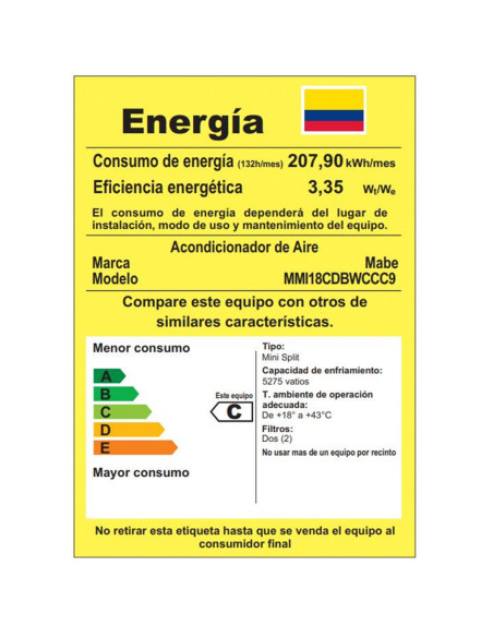 Aire Acondicionado Mabe Inverter 220V 18000 BTU Blanco MMI18CDBWCCC9