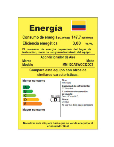 Aire Acondicionado Mabe Inverter 110v 12.000 BTU blanco MMI12CABWCC32DC1