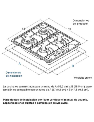 Cubierta de Empotrar Challenger 4 Puestos Gas Natural SP 6040 EI
