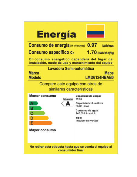 Lavadora Semiautomática Mabe 16 Kg Blanca LMD6124HBAB0