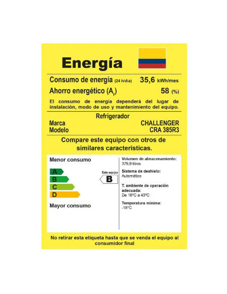 Nevera Challenger 385 Litros Brutos No Frost Serie eCool CRA 385