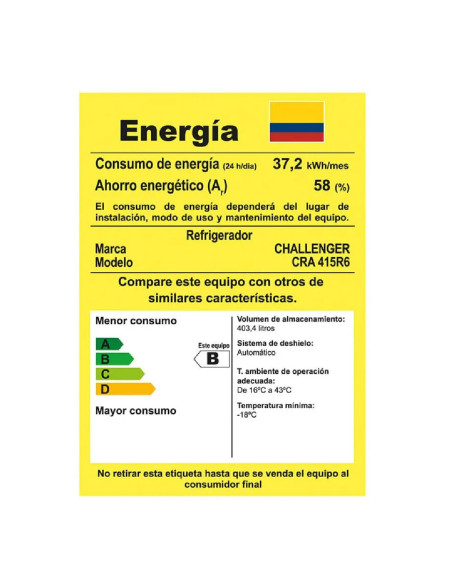 Nevera Challenger 415 Litros Brutos No Frost Serie eCool CRA 415