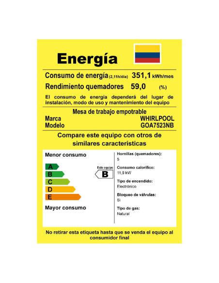 Cubierta de Empotrar Whirlpool a gas 5 puestos Vitrocerámica Negro GOA7523NB
