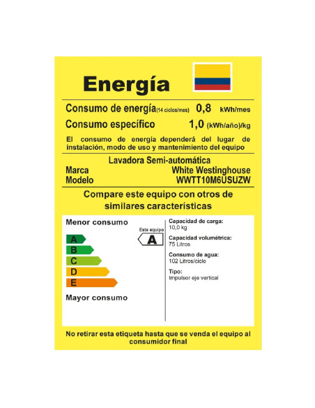 Lavadora Semiautomática Westinghouse 10 Kg Blanca Wwtt10m6usuzw
