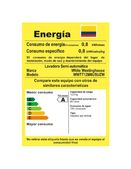Lavadora Semiautomática Westinghouse 12 Kg Blanca WWTT12M6USUZW