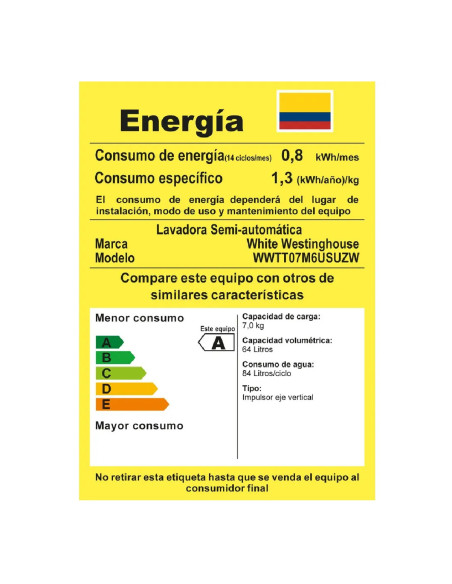 Lavadora Semiautomática Westinghouse 7 Kg Blanca WWTT07M6USUZW