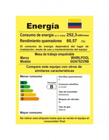 Cubierta Whirlpool GOA7523NB...