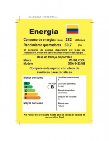 Cubierta Whirlpool GOA6423NB...