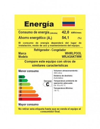 Nevera Whirlpool Top Mount 394 Lt...